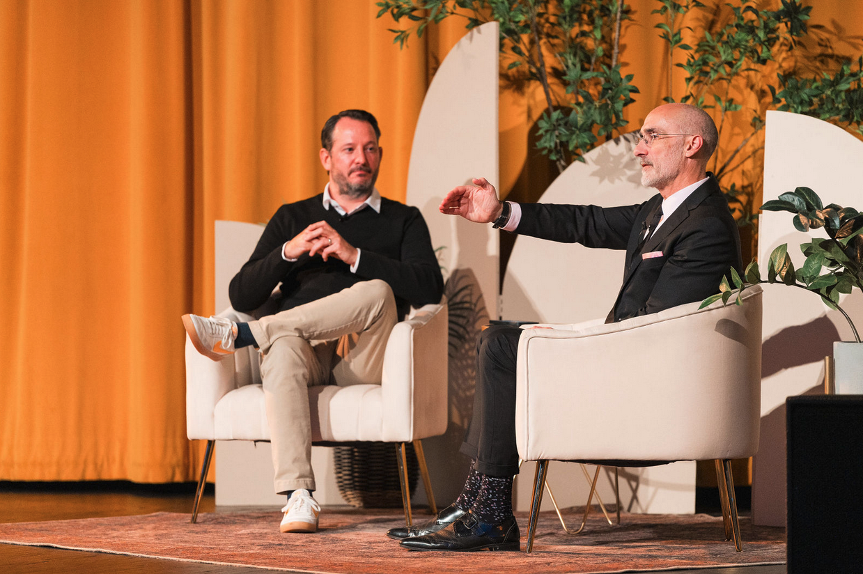 Ed O'Keefe and Arthur Brooks during Q&A session on stage at the Fargo Theatre